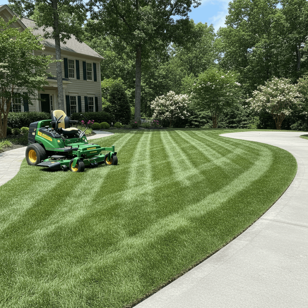 Freshly cut green lawn with mower in a Toronto neighborhood