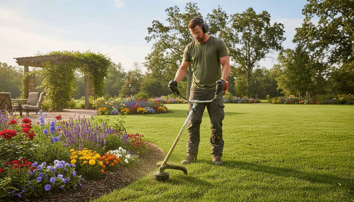 Lawn care professional edging a lawn beside a flower bed