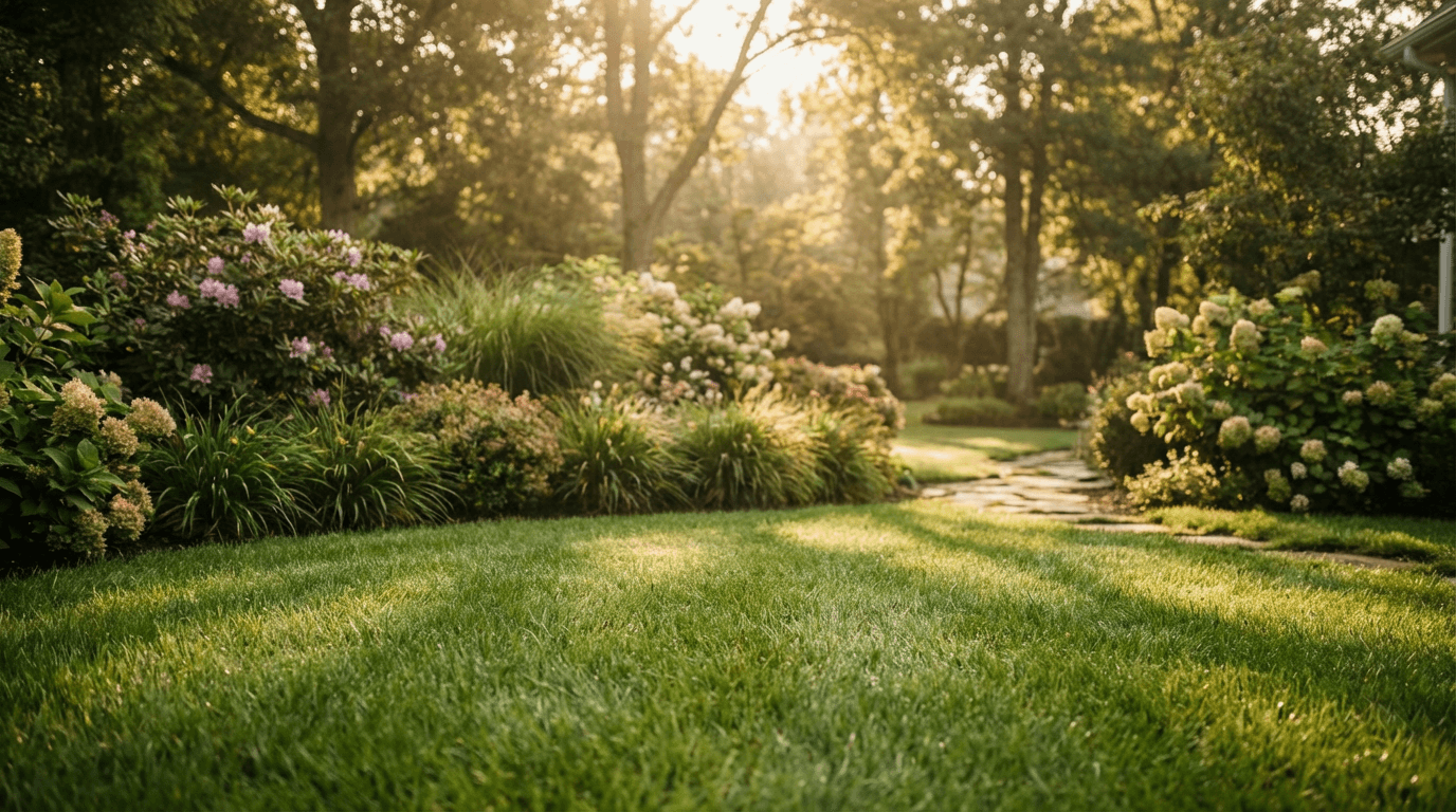 Freshly mowed residential lawn with straight stripes and clean edges in Toronto