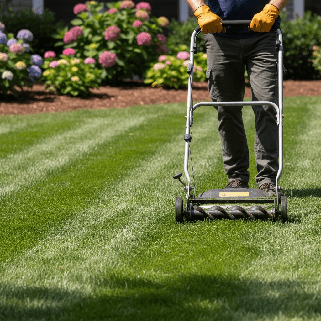 Gloved hand adjusting a lawn mower height on a backyard lawn
