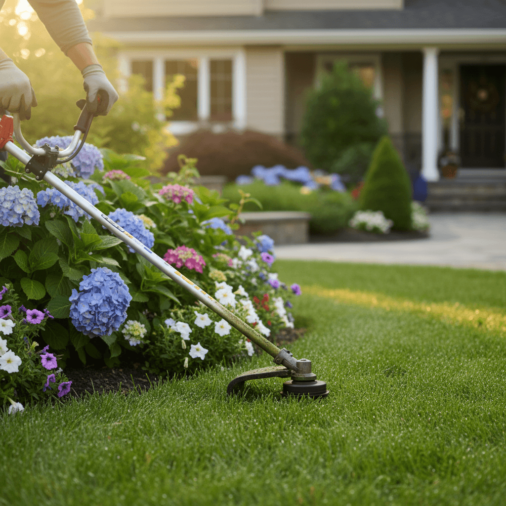 Cleanly edged garden bed border with sharp line between lawn and mulch