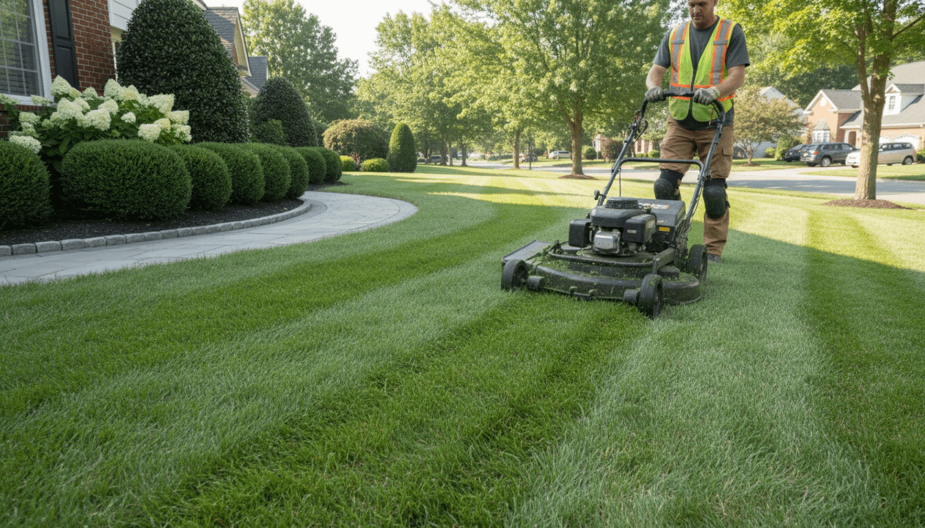 Commercial property lawn being mowed with professional equipment in Toronto