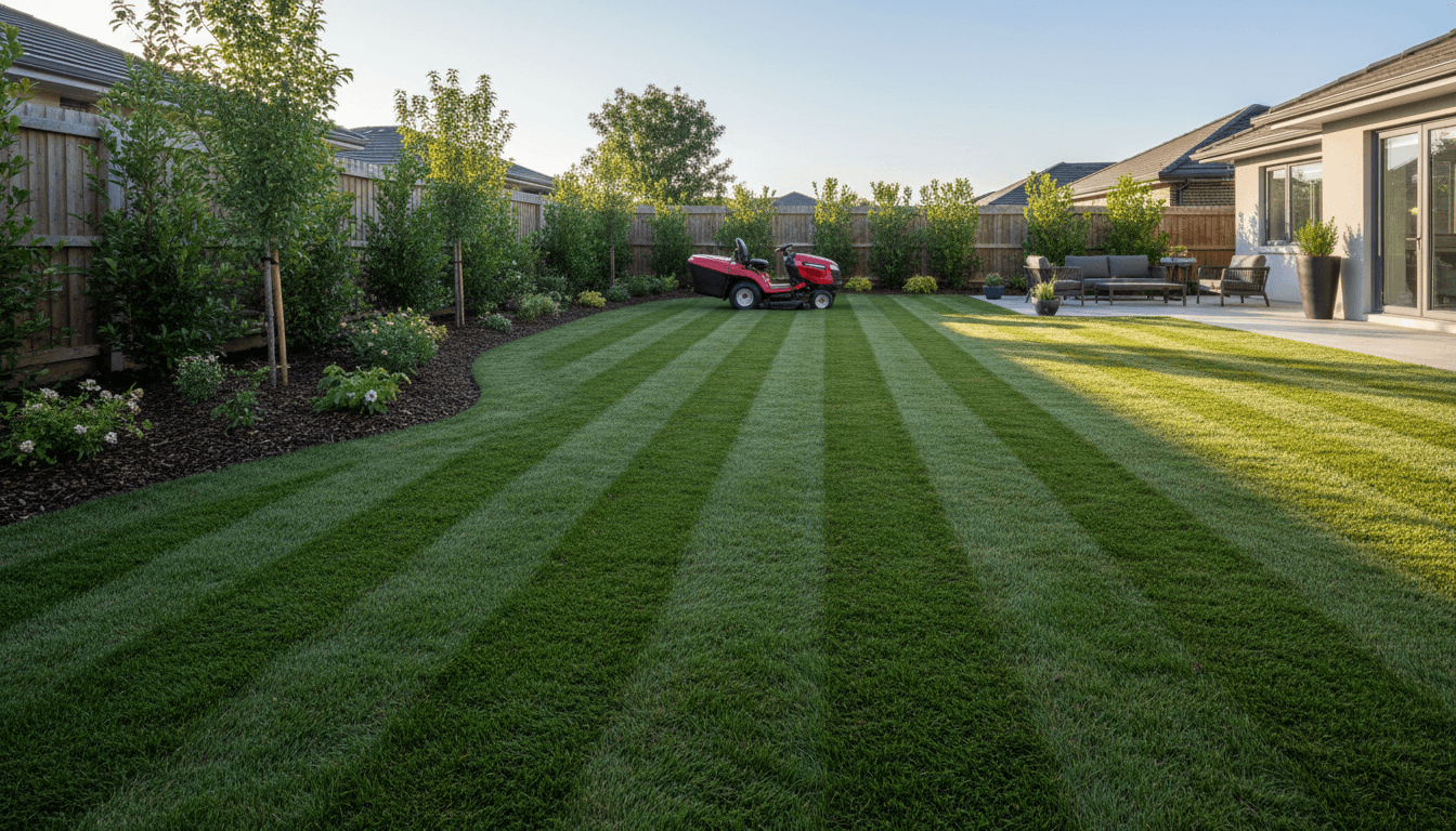 Fresh green grass being cut with a professional mower, bright morning light
