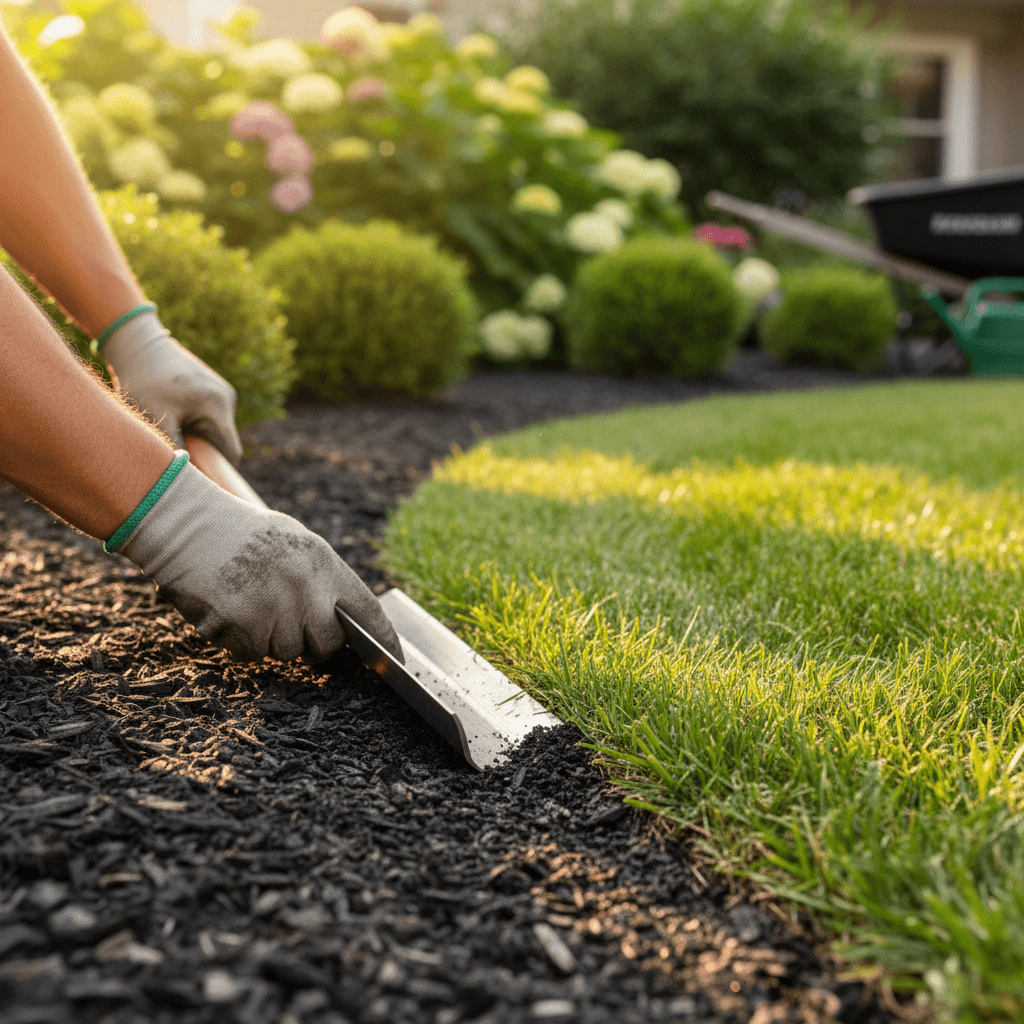Sharp clean garden bed edging separating lawn from mulch in Toronto