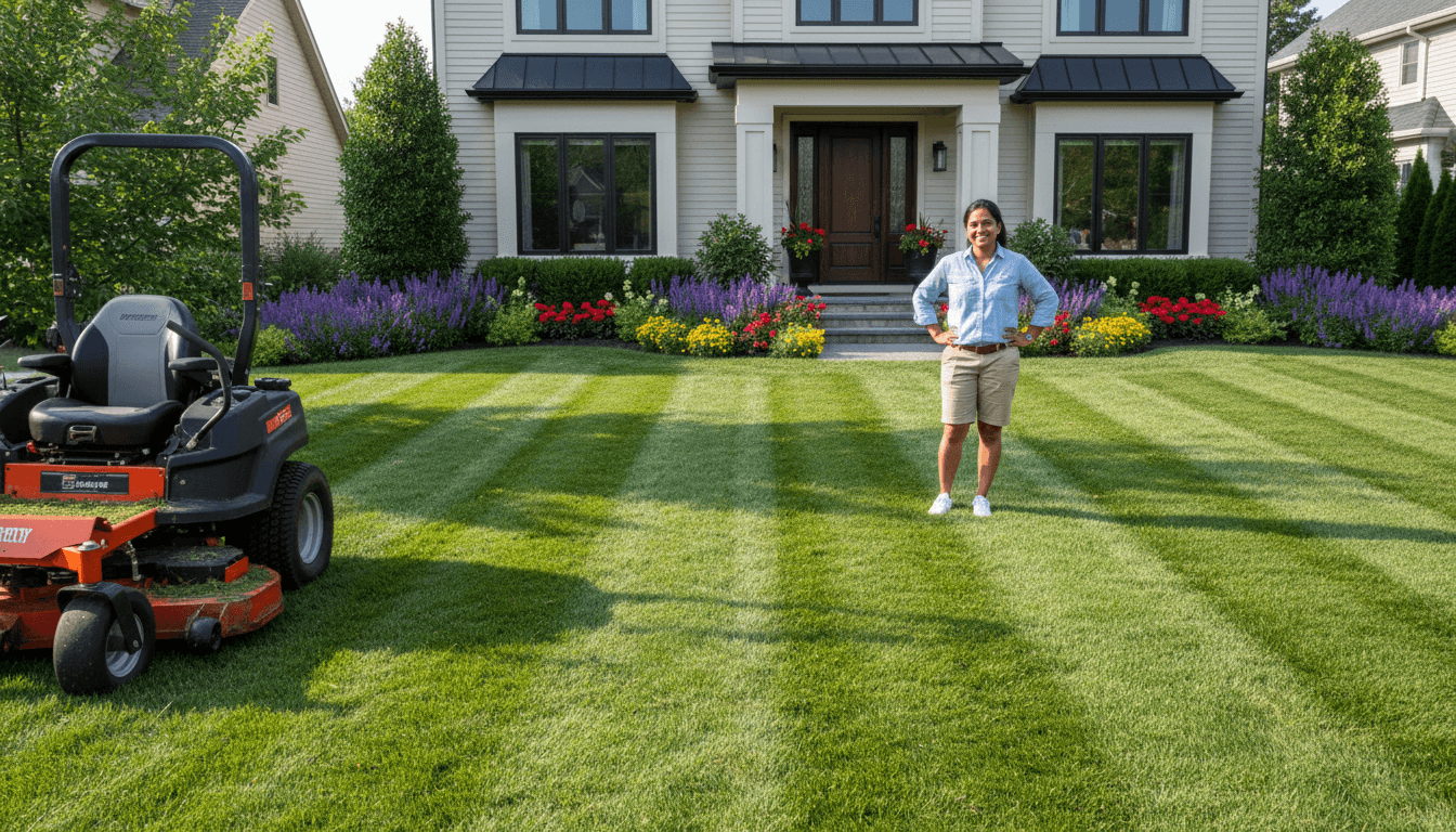Bagged grass clippings beside a freshly cut lawn with a wheelbarrow nearby