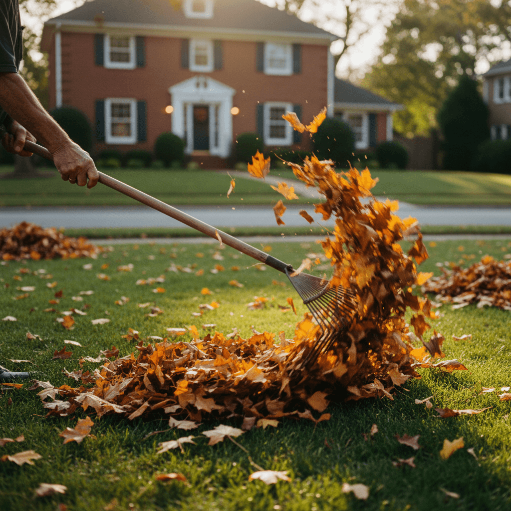 Seasonal fall cleanup with leaf blowing and yard waste bags on a Toronto lawn
