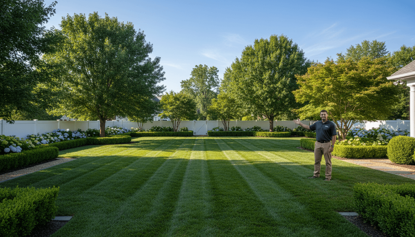 Wide shot of a freshly mowed Toronto front lawn with clean edges
