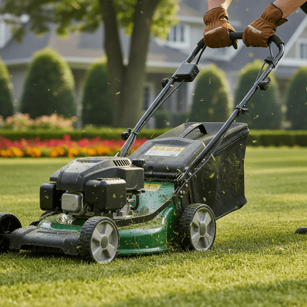 Close-up of a lawn mower cutting clean stripes into thick green grass