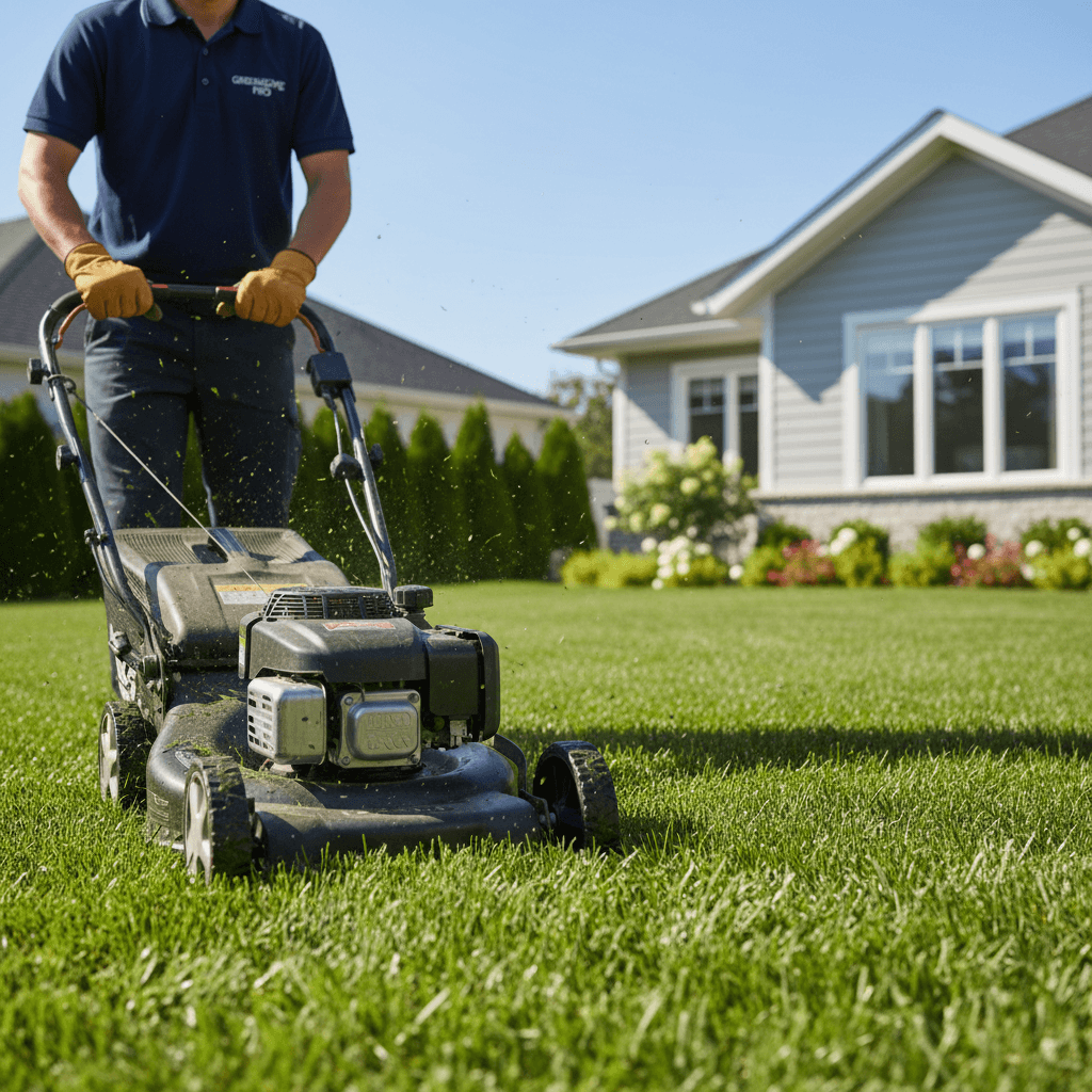 Close-up of professional mowing a clean strip of grass along a garden bed